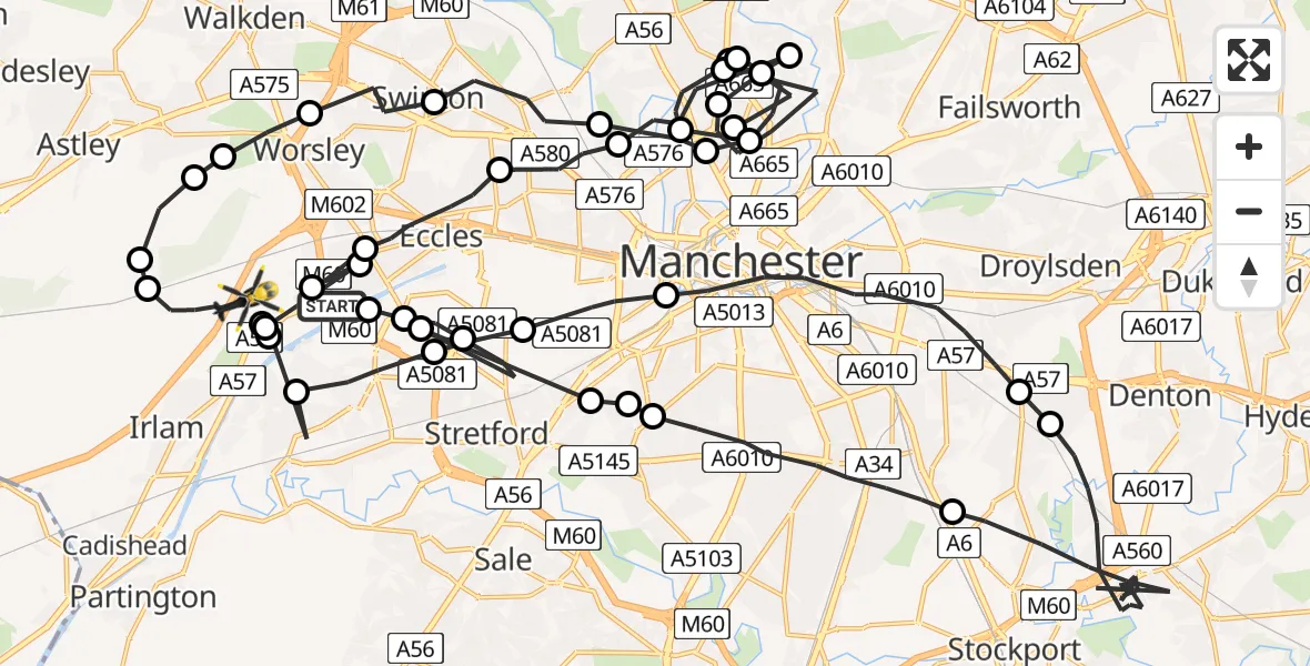 Flight route map: Police Helicopter to Worsley, Twelve Yards Road