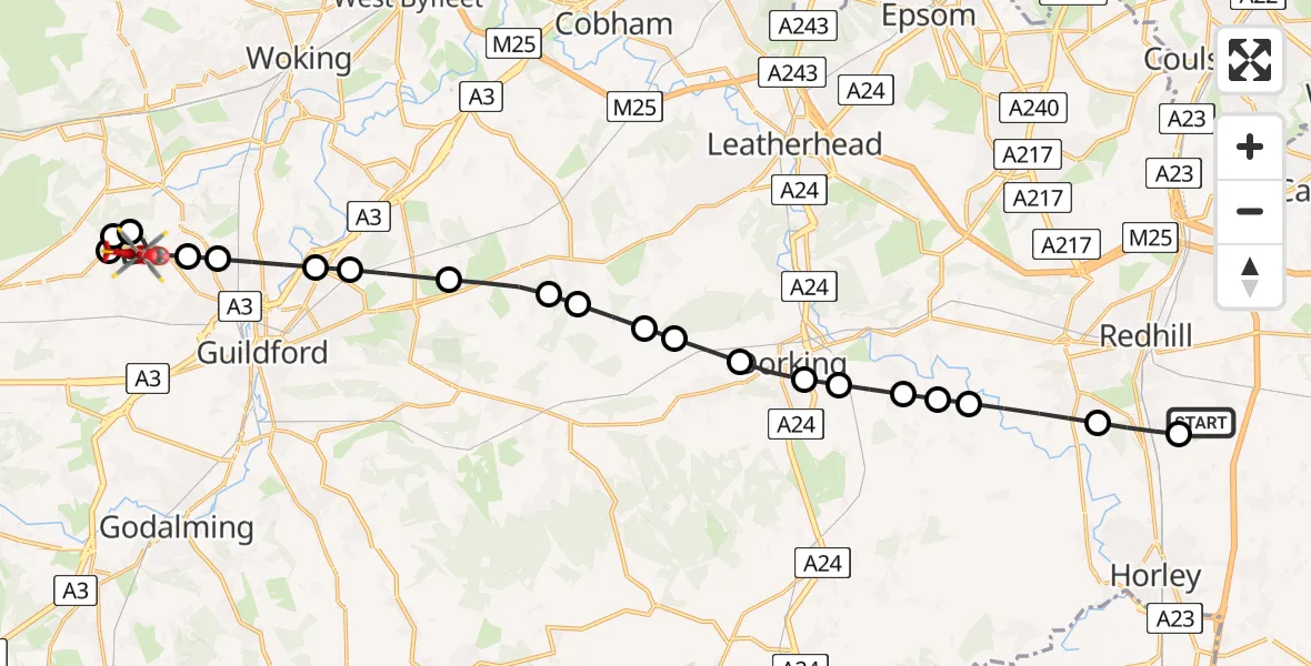 Flight route map: Air Ambulance Helicopter to Fairlands, Aldershot Road