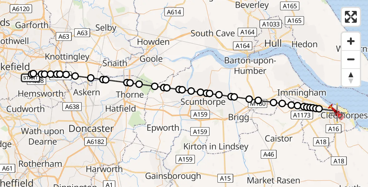 Flight route map: Air Ambulance Helicopter to Grimsby, Humberstone Road