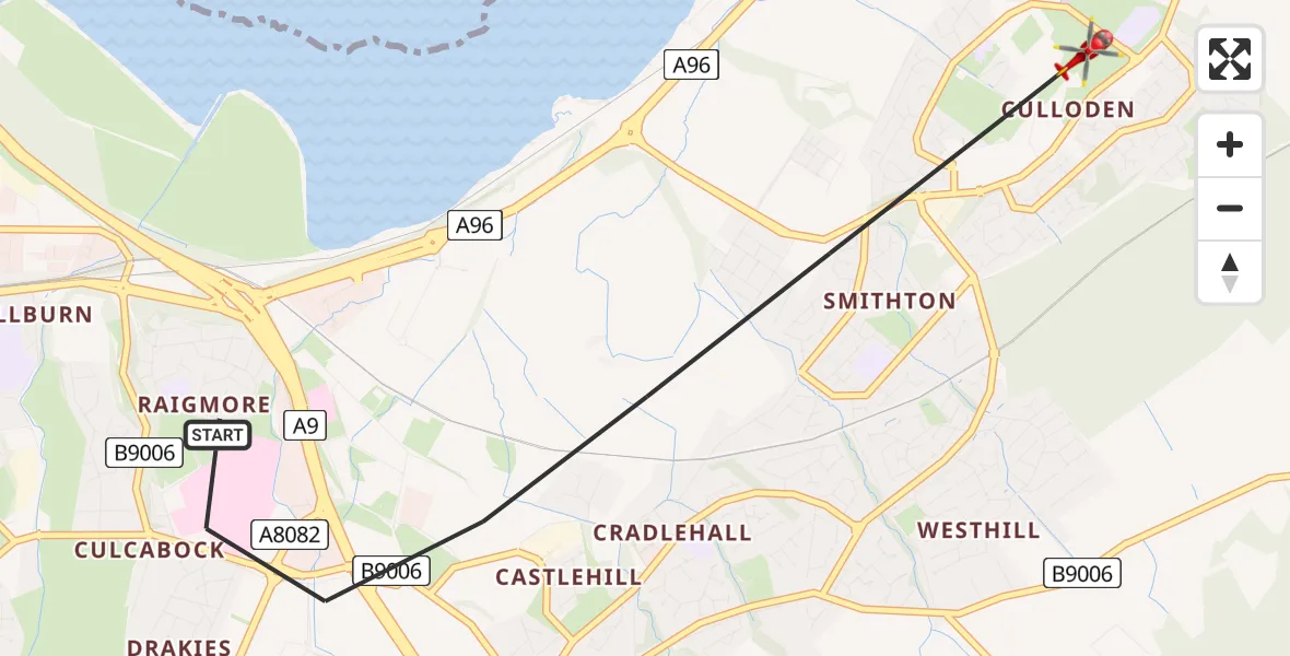 Flight path map showing Air Ambulance Helicopter route from Inverness to Inverness
