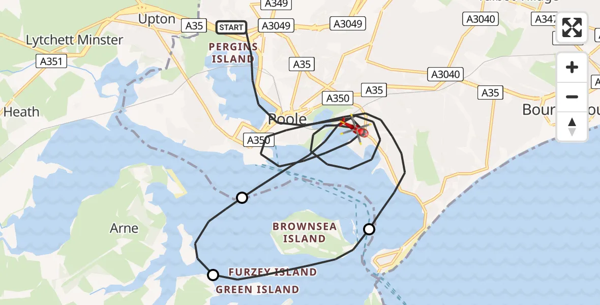 Flight route map: Air Ambulance Helicopter to Poole, Whitecliff Road