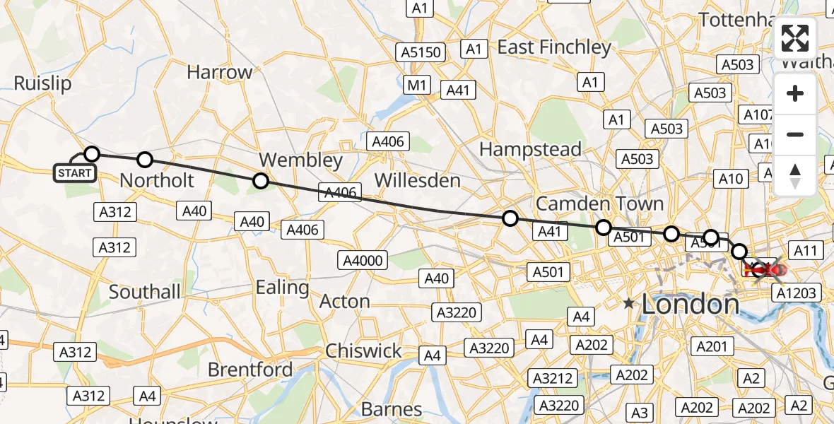 Flight route map: Air Ambulance Helicopter to Royal London Hospital, Royal London Hospital