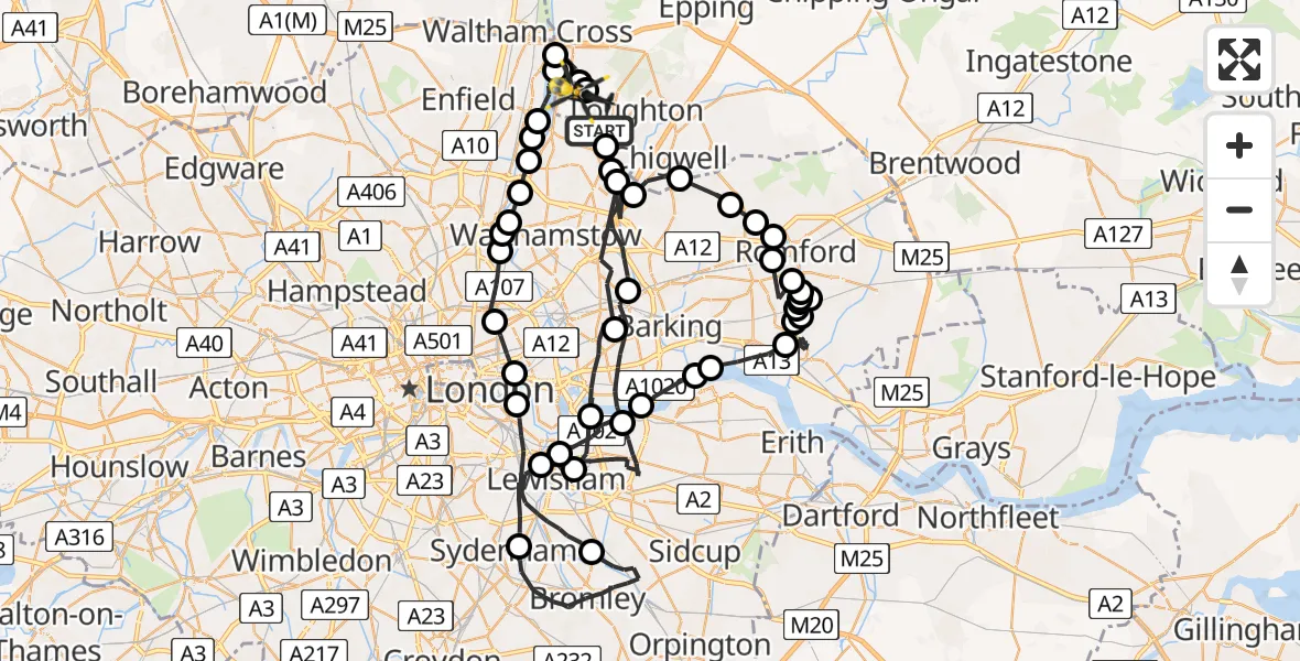 Routekaart van de vlucht: Police Helicopter to Sewardstonebury, Bury Road
