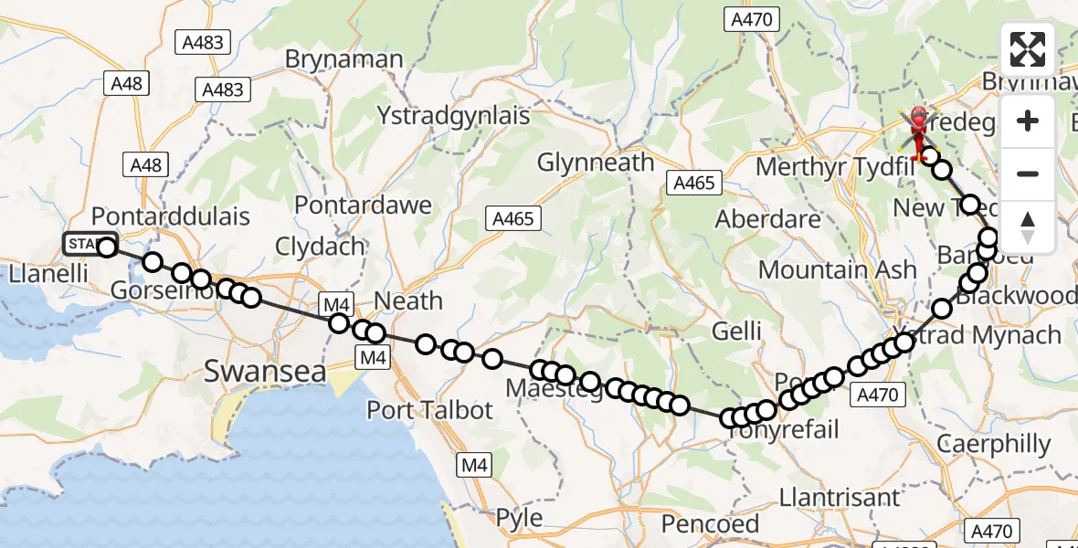 Routekaart van de vlucht: Air Ambulance Helicopter to Rhymney, Rhymney