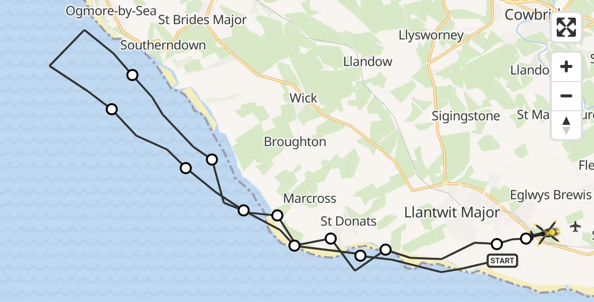 Flight path map showing Police Helicopter route from Llantwit Major to MOD St Athan