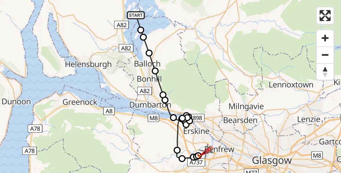 Flight route map: Air Ambulance Helicopter to Glasgow Airport, Glasgow Airport