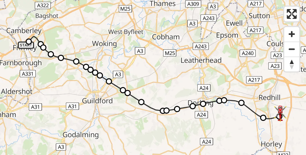 Routekaart van de vlucht: Air Ambulance Helicopter to Redhill Aerodrome, Redhill Aerodrome