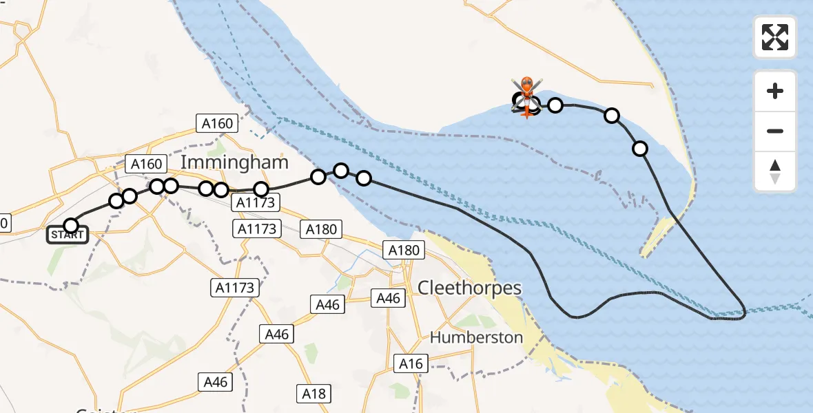 Flight route map: Coastguard Helicopter to Welwick, Welwick Bank
