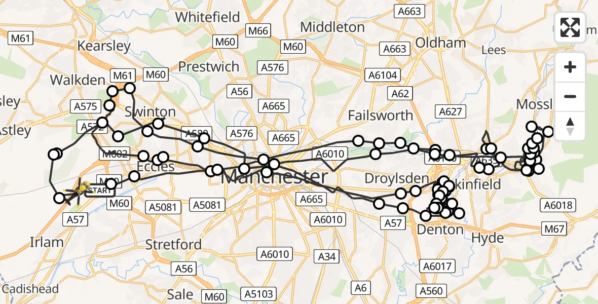 Flight route map: Police Helicopter to Worsley, Twelve Yards Road