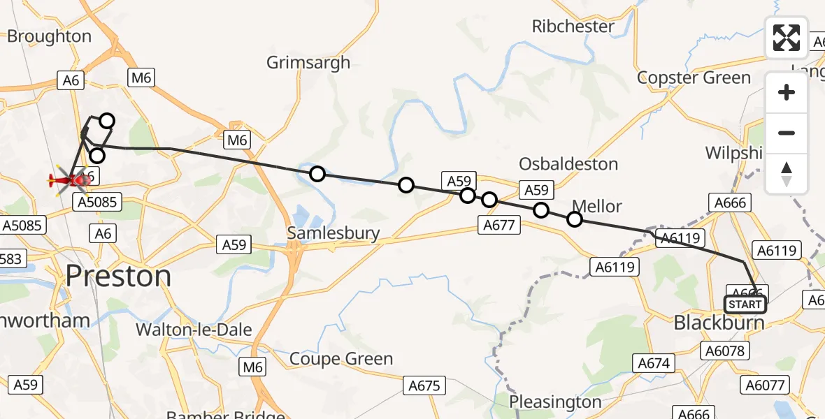 Flight route map: Air Ambulance Helicopter to Preston, Aubigny Drive