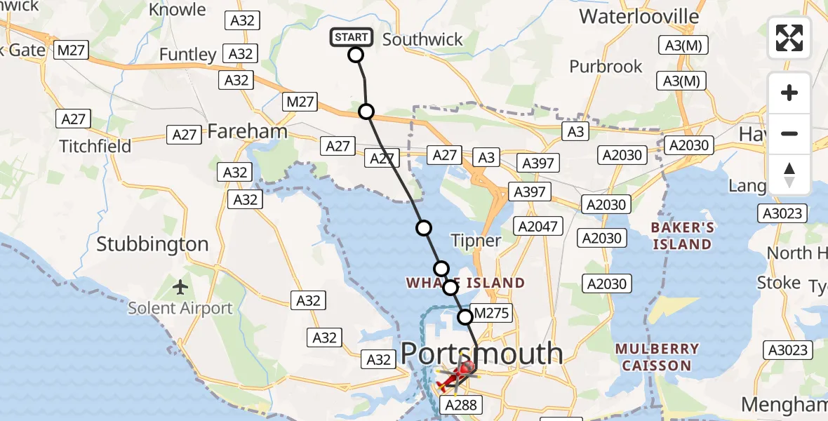 Routekaart van de vlucht: Air Ambulance Helicopter to Portsmouth, King Charles Street