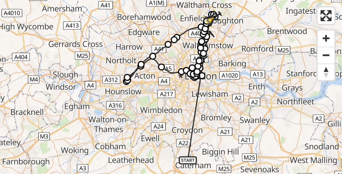Routekaart van de vlucht: Police Helicopter to Sewardstonebury, Daws Hill