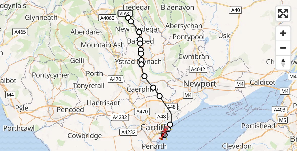 Flight route map: Air Ambulance Helicopter to Cardiff Heliport, Cardiff Heliport