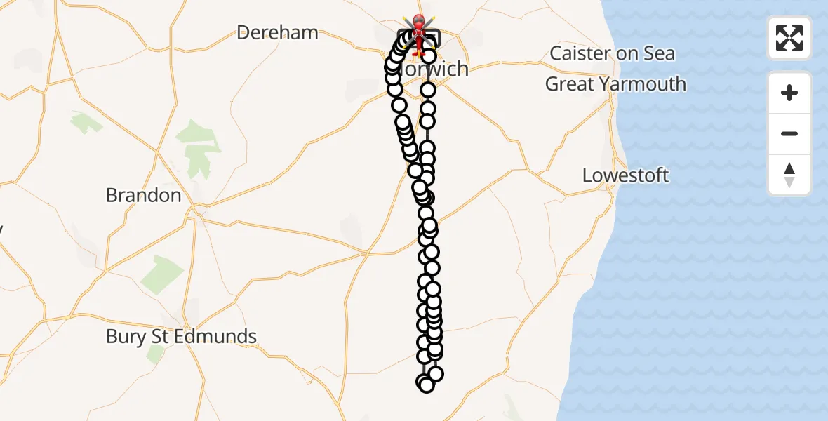 Flight route map: Air Ambulance Helicopter to Norwich Airport, Norwich Airport