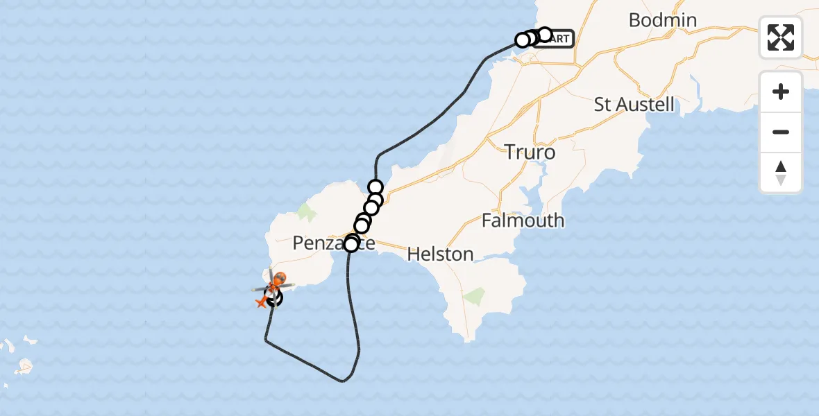 Flight route map: Coastguard Helicopter to St. Levan, St. Levan