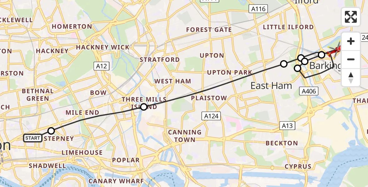 Flight route map: Air Ambulance Helicopter to London Borough of Barking and Dagenham, Longbridge Road