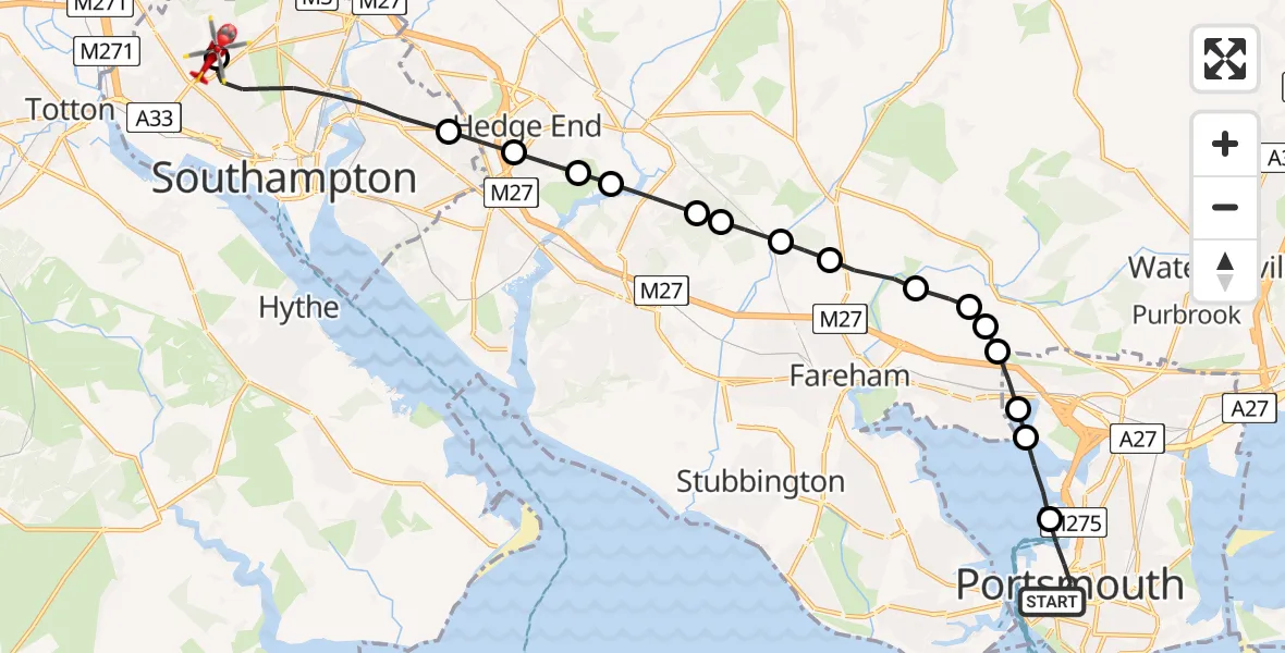 Flight route map: Air Ambulance Helicopter to University Hospital Southampton, University Hospital Southampton