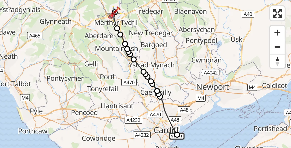 Routekaart van de vlucht: Air Ambulance Helicopter to Pant, Heads of the Valleys Road