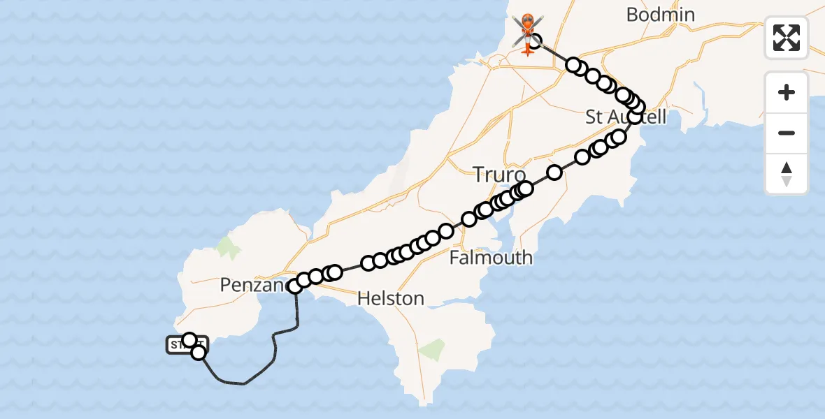 Routekaart van de vlucht: Coastguard Helicopter to Cornwall Airport Newquay, Cornwall Airport Newquay