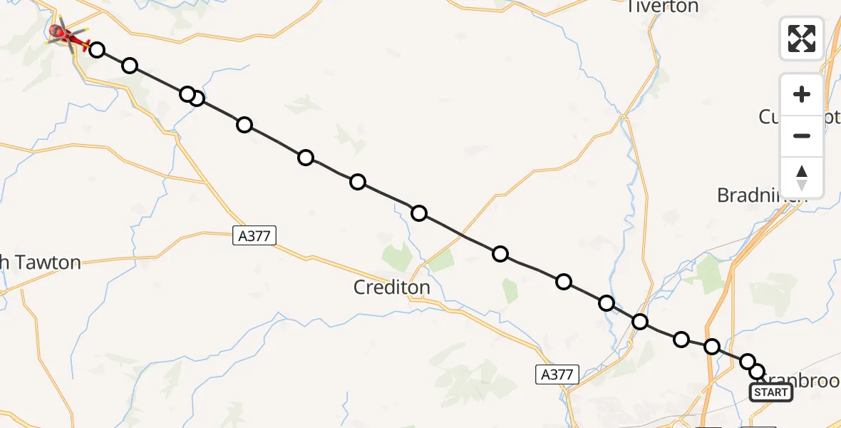Flight route map: Air Ambulance Helicopter to Mid Devon, A377
