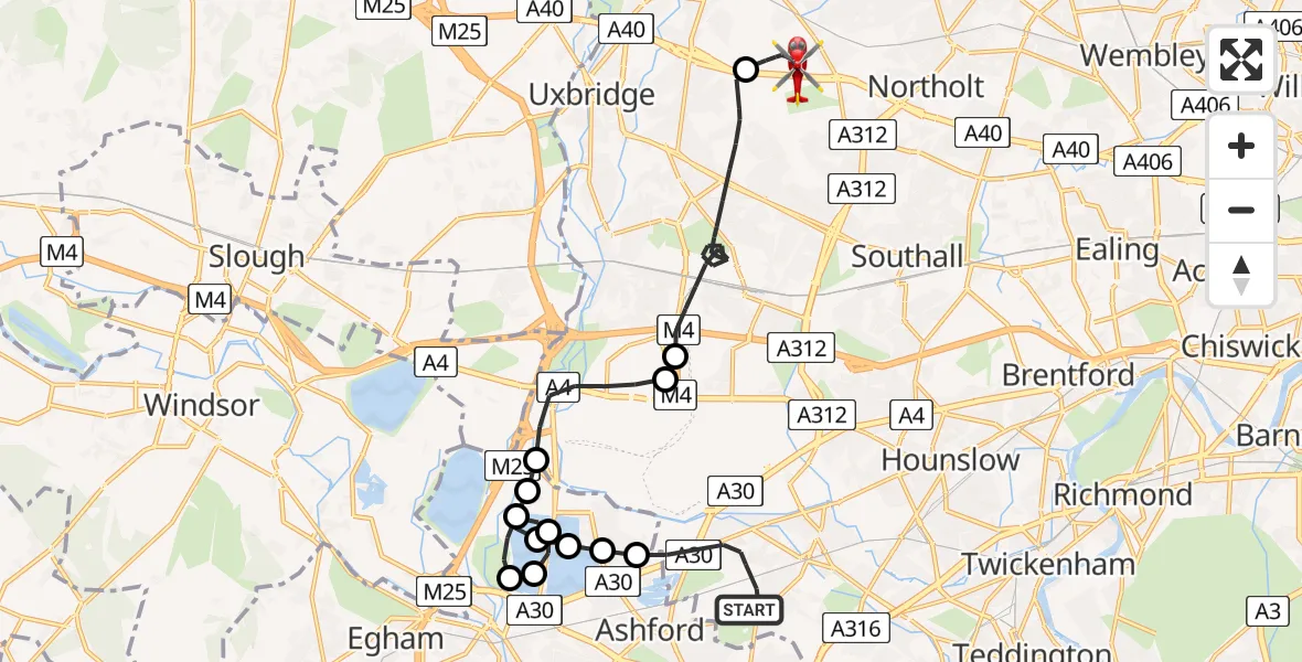 Flight route map: Air Ambulance Helicopter to RAF Northolt, RAF Northolt
