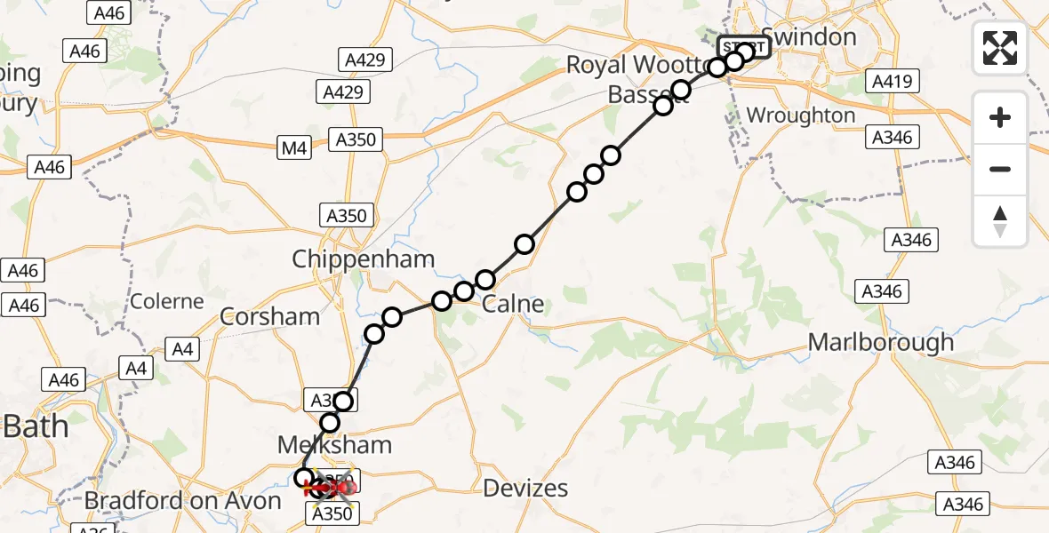 Flight route map: Air Ambulance Helicopter to Trowbridge, Trowbridge