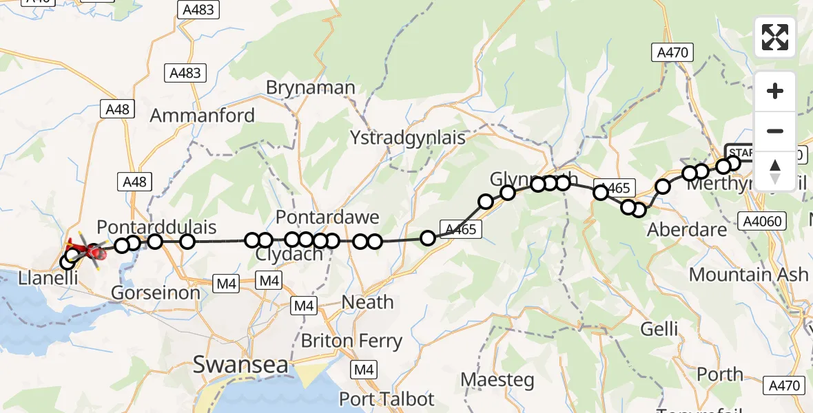 Routekaart van de vlucht: Air Ambulance Helicopter to Dafen, Heol Aur