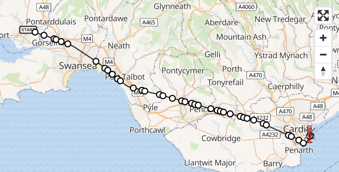 Flight route map: Air Ambulance Helicopter to Cardiff Heliport, Cardiff Heliport