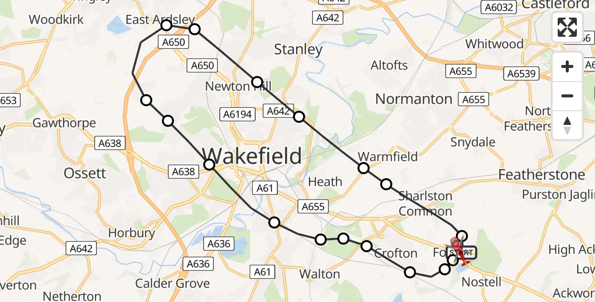 Flight path map showing Air Ambulance Helicopter route from YAA Nostell Helicopter Port to YAA Nostell Helicopter Port