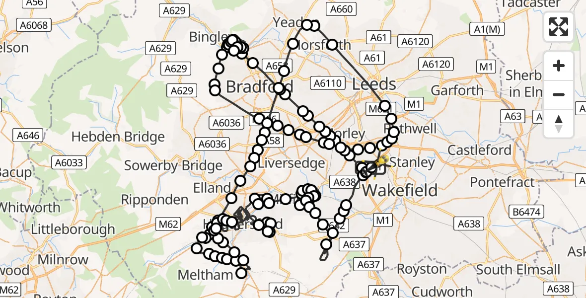Flight path map showing Police Helicopter route from East Ardsley to East Ardsley