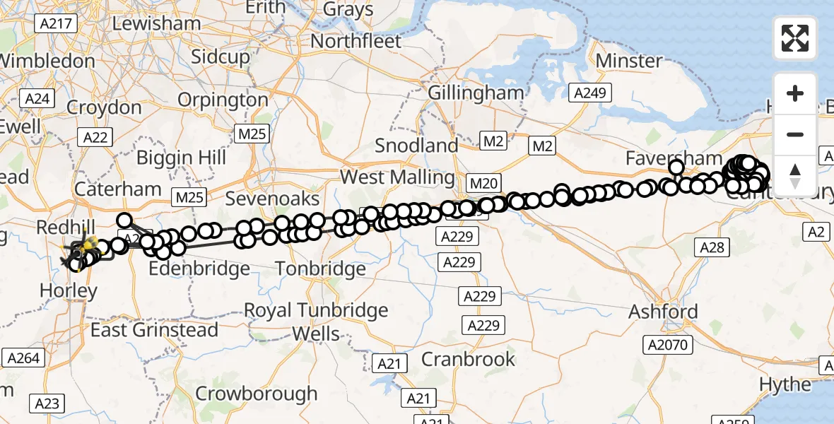 Flight route map: Police Helicopter to Redhill Aerodrome, Redhill Aerodrome