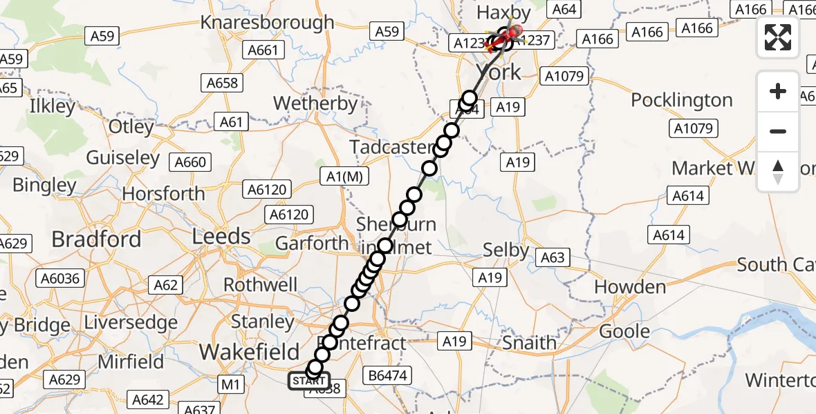 Flight route map: Air Ambulance Helicopter to New Earswick, Lime Tree Avenue