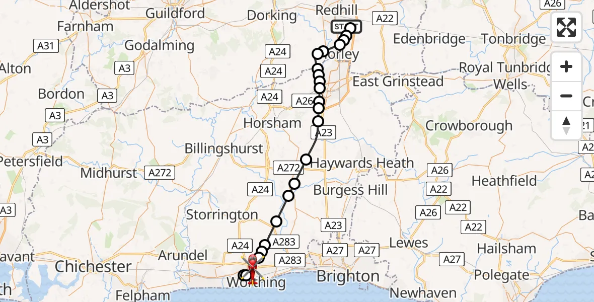Flight route map: Air Ambulance Helicopter to Worthing, Broadwater Street West
