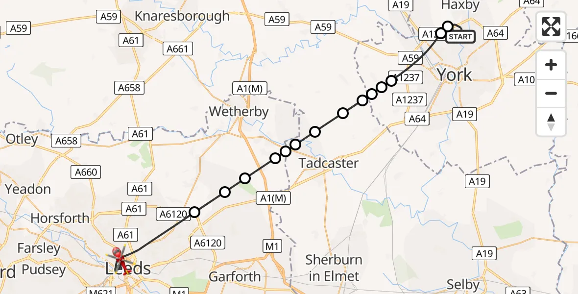 Routekaart van de vlucht: Air Ambulance Helicopter to Leeds, Little Woodhouse Street