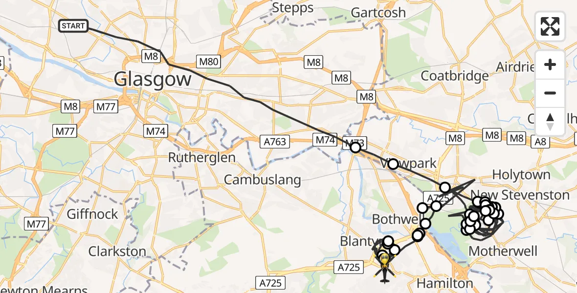 Flight route map: Police Helicopter to Blantyre, High Blantyre Road