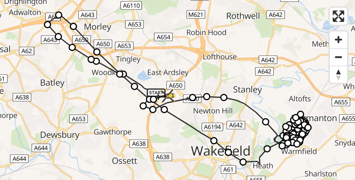 Flight path map showing Police Helicopter route from East Ardsley to East Ardsley