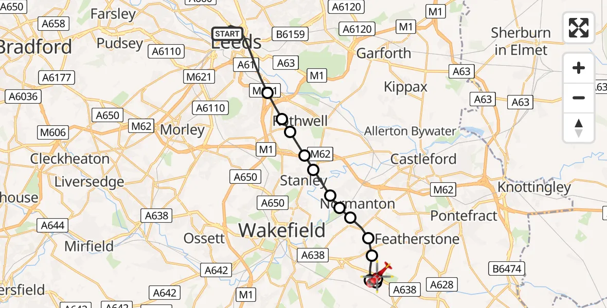 Flight route map: Air Ambulance Helicopter to YAA Nostell Helicopter Port, YAA Nostell Helicopter Port