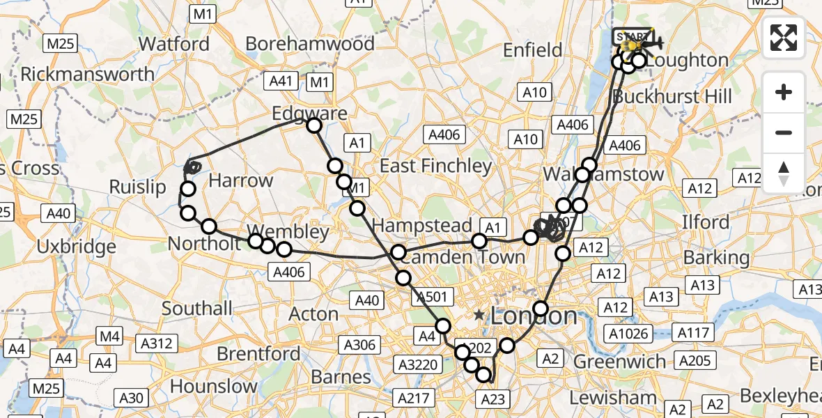 Flight route map: Police Helicopter to Metropolitan Police Air Support Unit Lippitts Hill, Metropolitan Police Air Support Unit Lippitts Hill