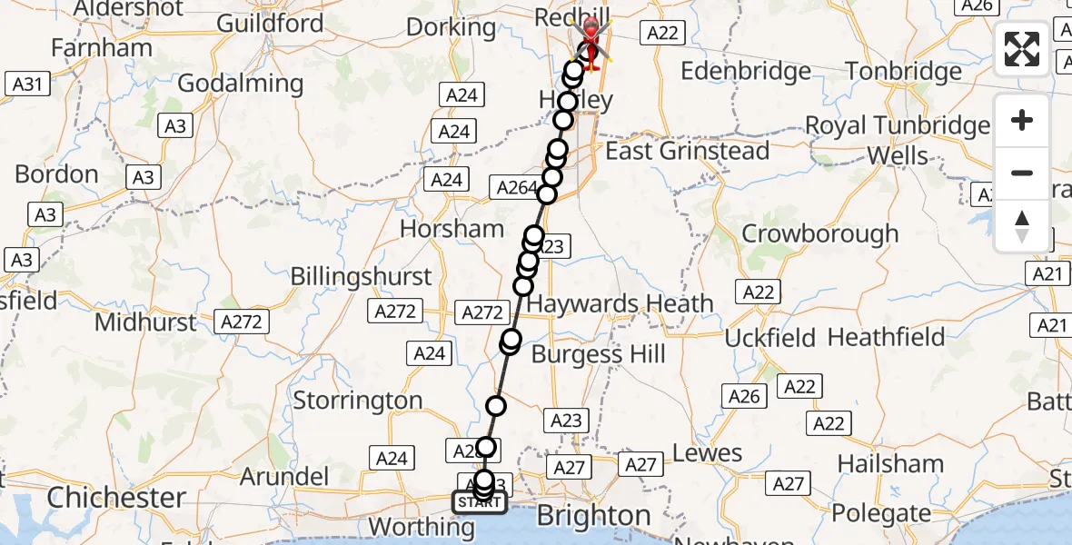 Flight route map: Air Ambulance Helicopter to Redhill Aerodrome, Redhill Aerodrome