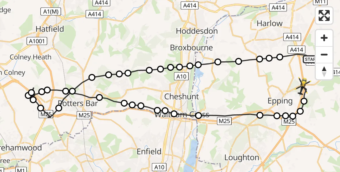 Flight route map: Police Helicopter to North Weald Bassett, Forest Glade