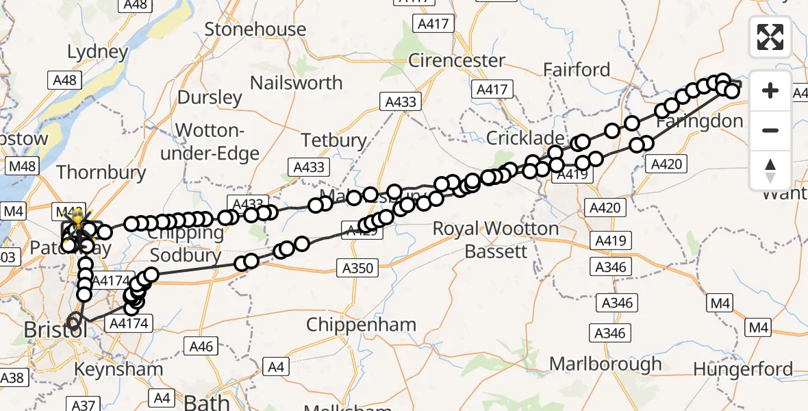 Flight route map: Police Helicopter to Almondsbury Helicopter Base, Almondsbury Helicopter Base