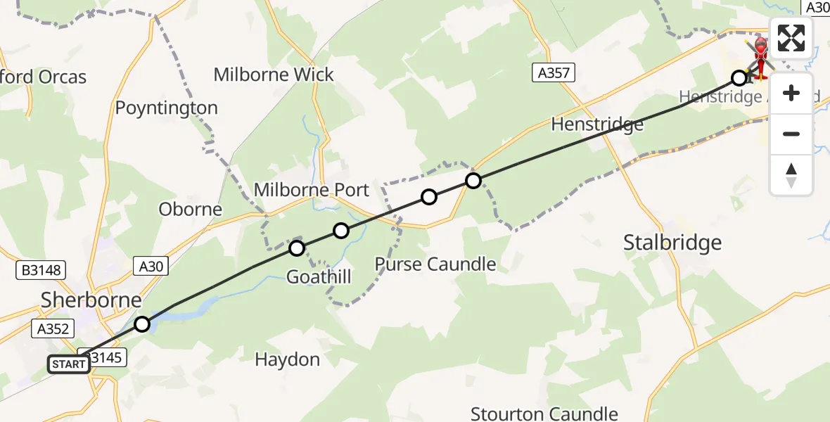 Flight route map: Air Ambulance Helicopter to Henstridge Airfield, Henstridge Airfield