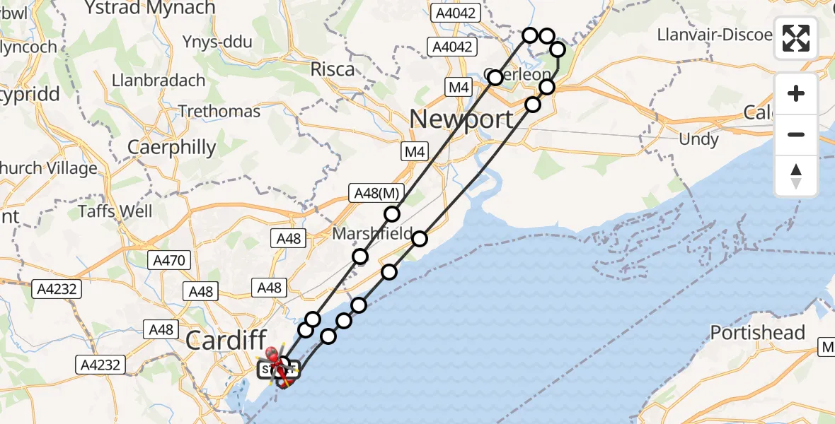 Flight route map: Air Ambulance Helicopter to Cardiff Heliport, Cardiff Heliport