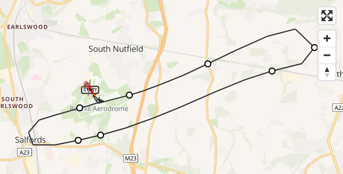 Flight path map showing Air Ambulance Helicopter route from Redhill Aerodrome to Redhill Aerodrome