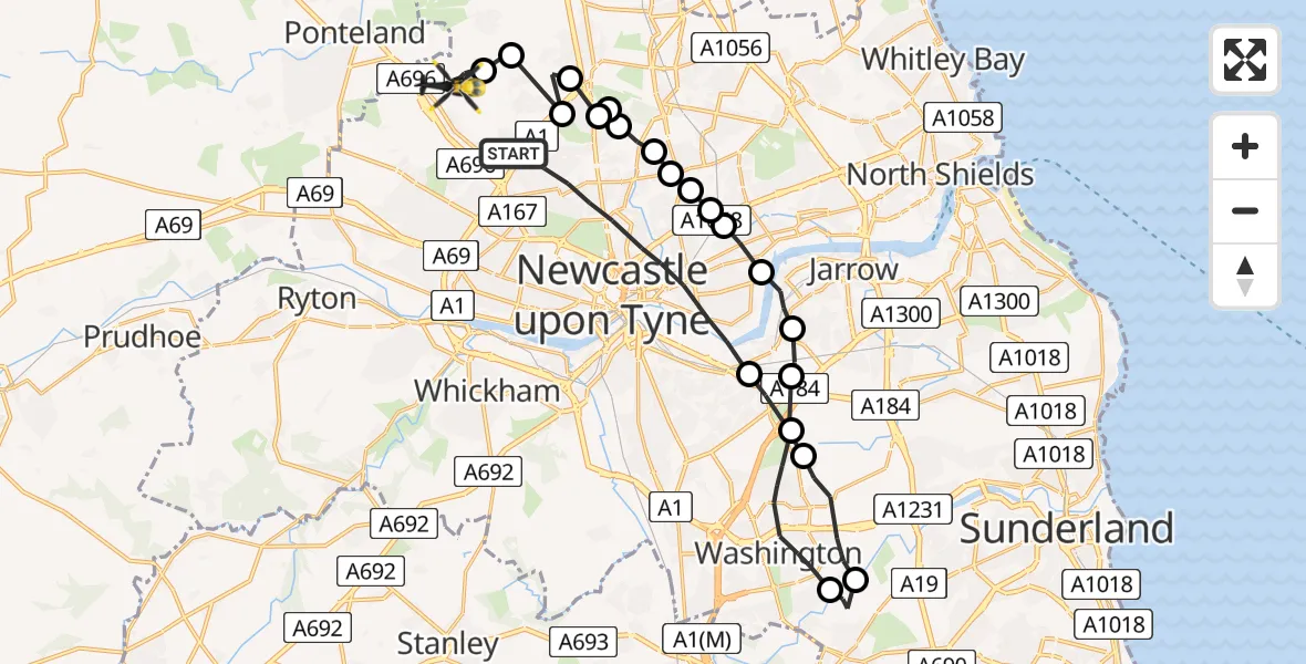 Flight route map: Police Helicopter to Newcastle International Airport, Newcastle International Airport