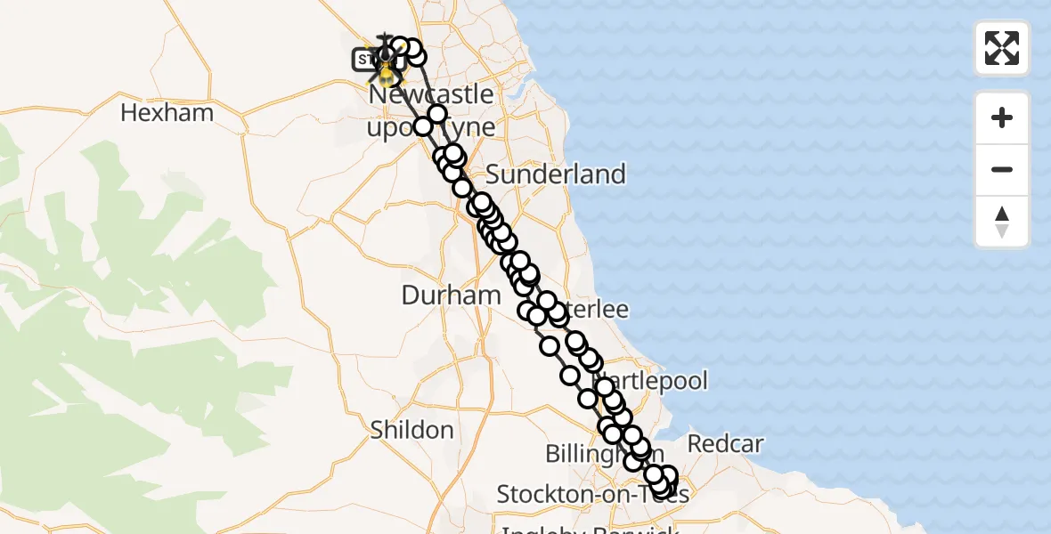 Flight route map: Police Helicopter to Newcastle upon Tyne, Newcastle upon Tyne