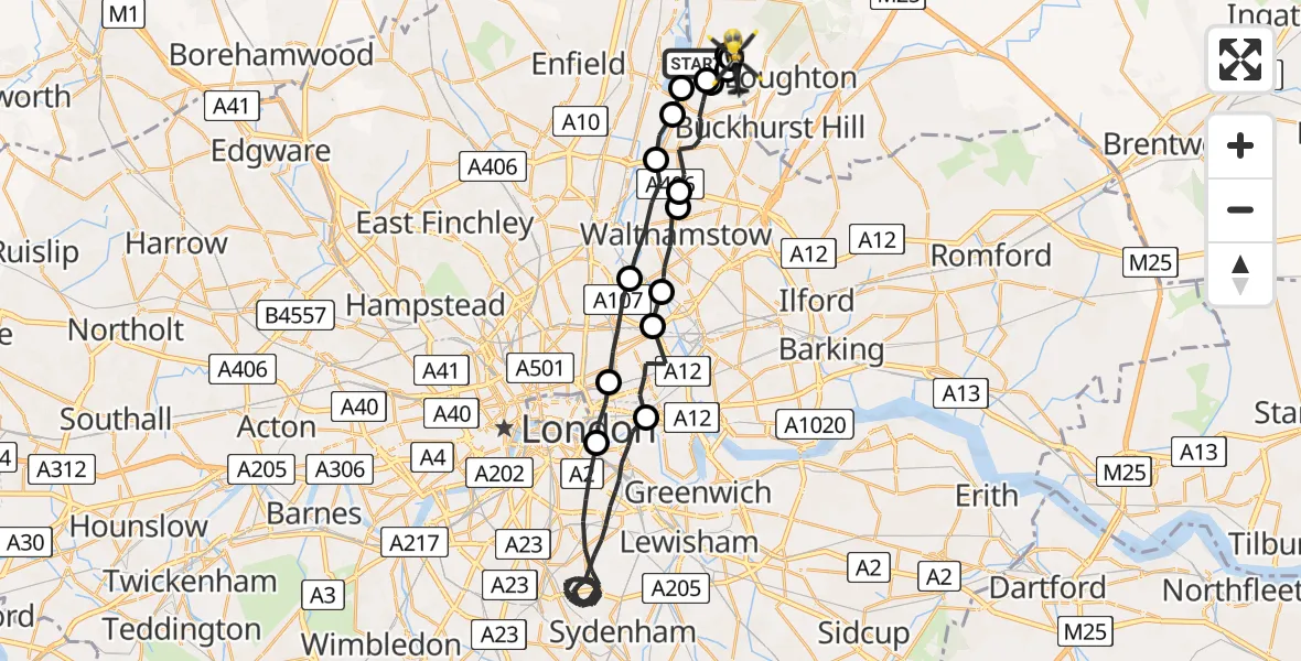 Flight route map: Police Helicopter to Sewardstonebury, Lippitts Hill