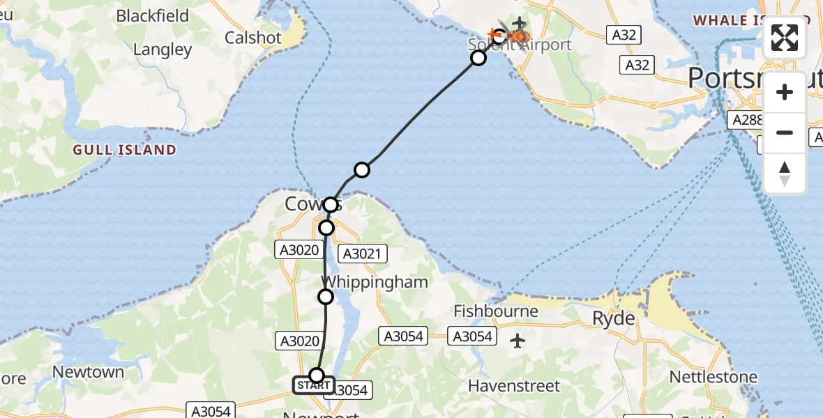 Flight route map: Coastguard Helicopter to Solent Airport, Solent Airport
