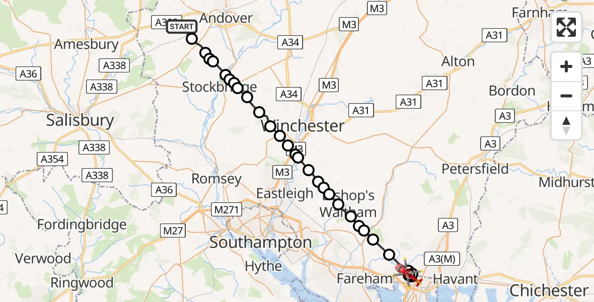 Flight route map: Air Ambulance Helicopter to Winchester, Pigeon House Lane