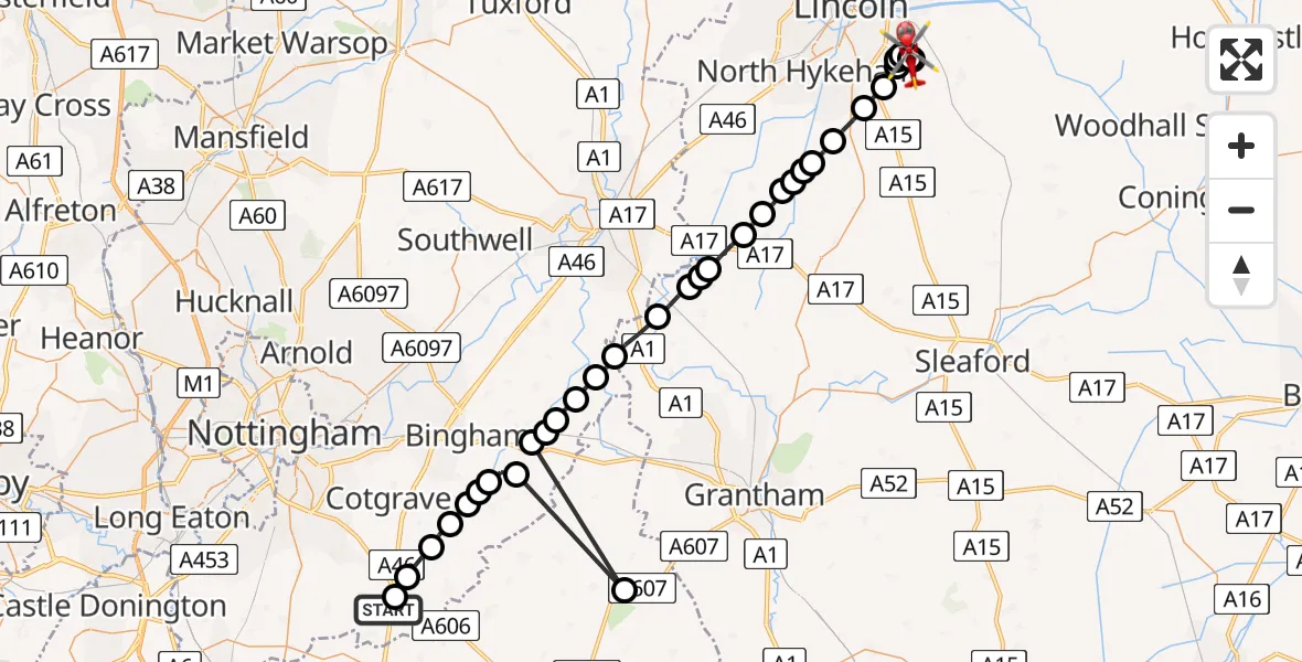 Flight route map: Air Ambulance Helicopter to Branston, Veronica Close